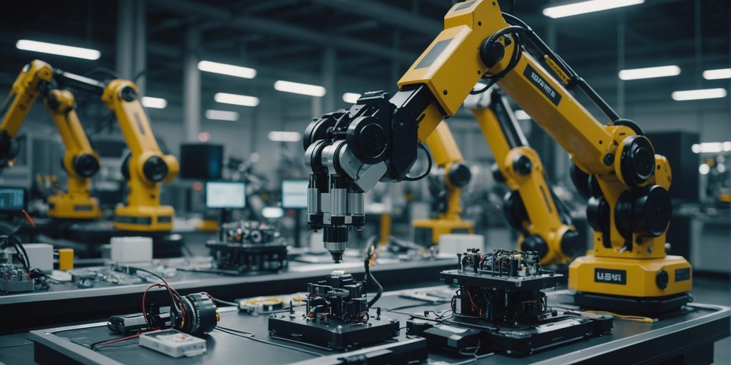 Advanced robotic arms assembling electronics in a futuristic factory, highlighting 2024 manufacturing trends.