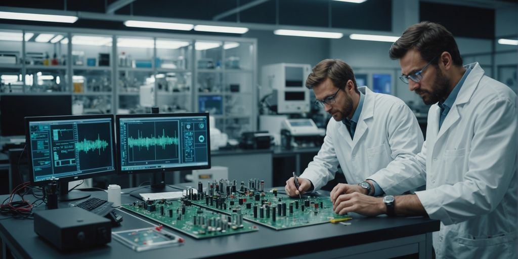 Ingénieurs dans un laboratoire de haute technologie travaillant sur des circuits électroniques et des prototypes, mettant en évidence l'innovation et le développement rapide.